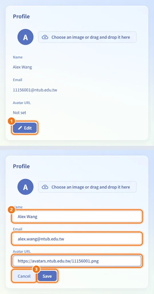 Edit your name, email or avatar URL (numbers match the steps above)