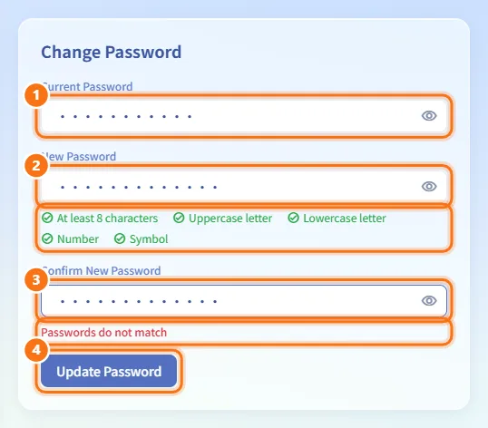 Change your password (numbers match the steps above)