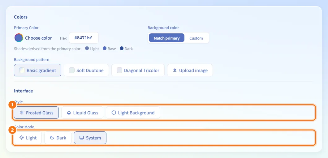 Change the interface style and color mode (numbers match the steps above)