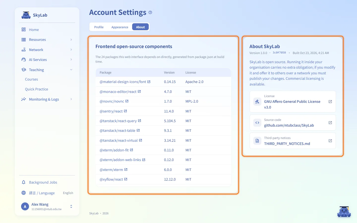 Check the version and licenses