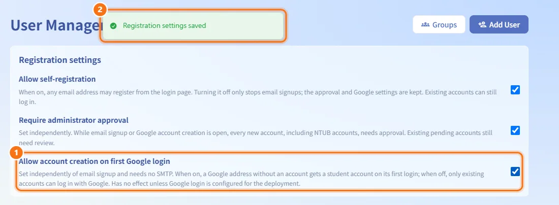 Allow or block account creation on first Google login (numbers match the steps above)