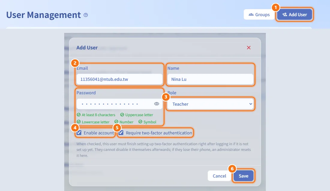 Add a user (numbers match the steps above)