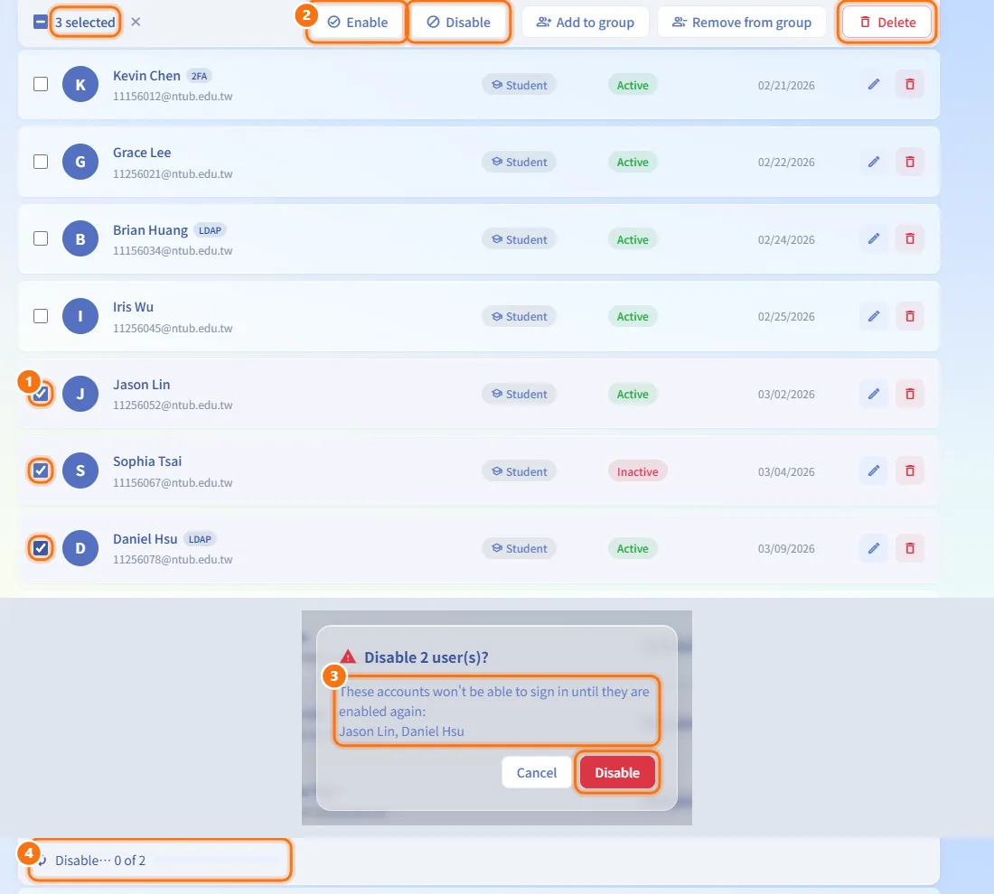 Enable, disable or delete several accounts at once (numbers match the steps above)