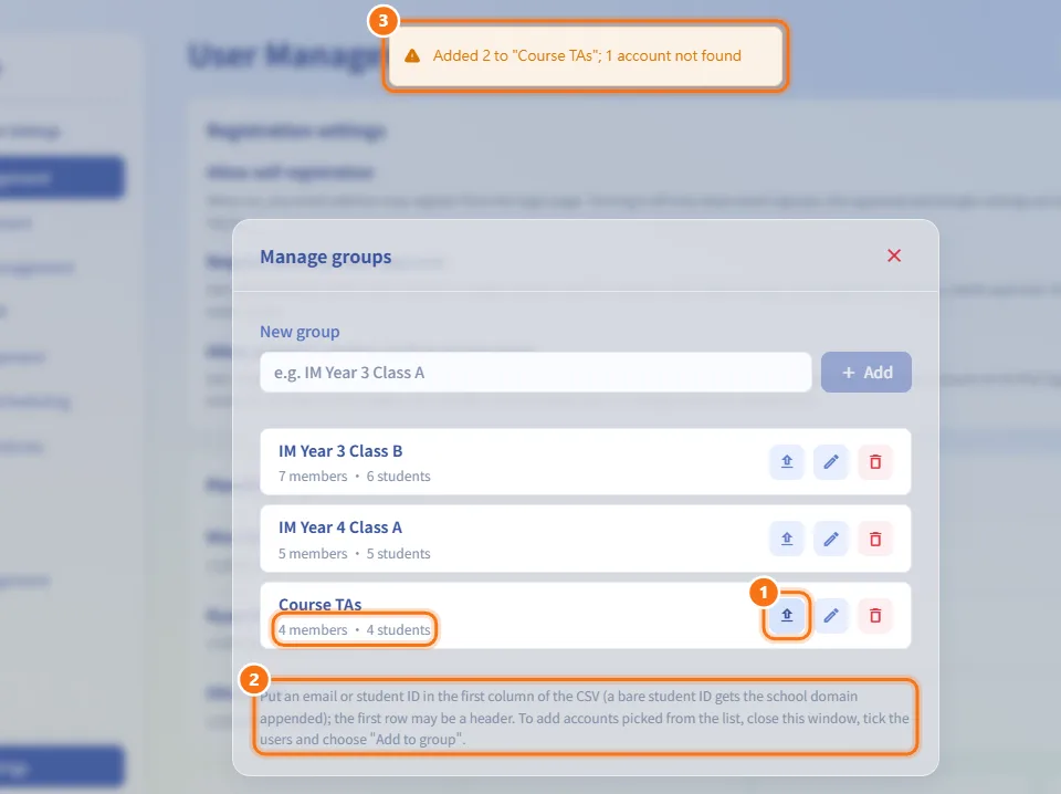 Add group members from a CSV file (numbers match the steps above)