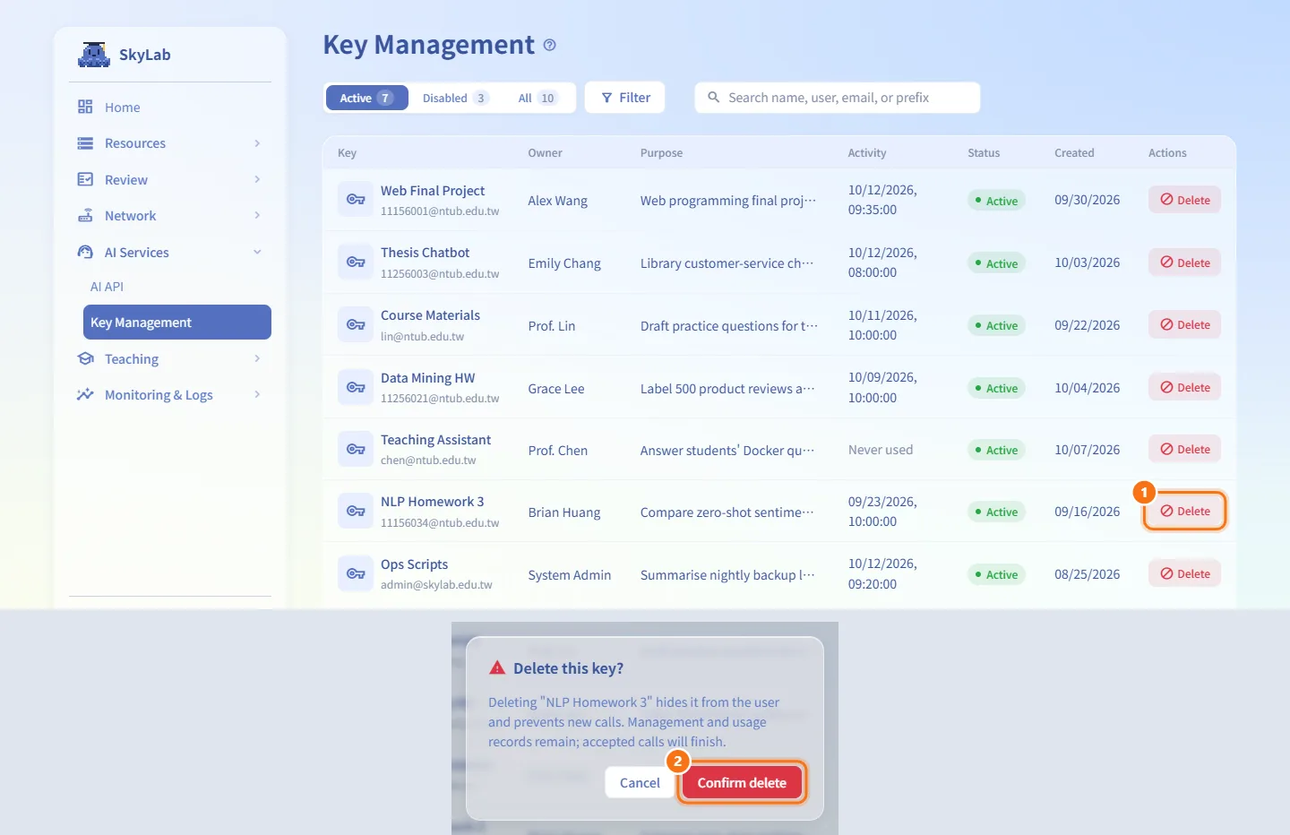 Delete a key (numbers match the steps above)