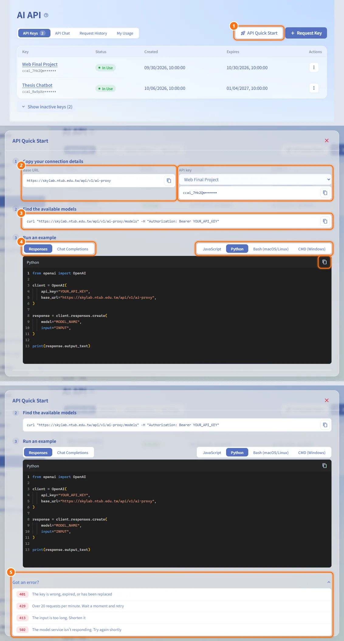 Make your first call with API Quick Start (numbers match the steps above)