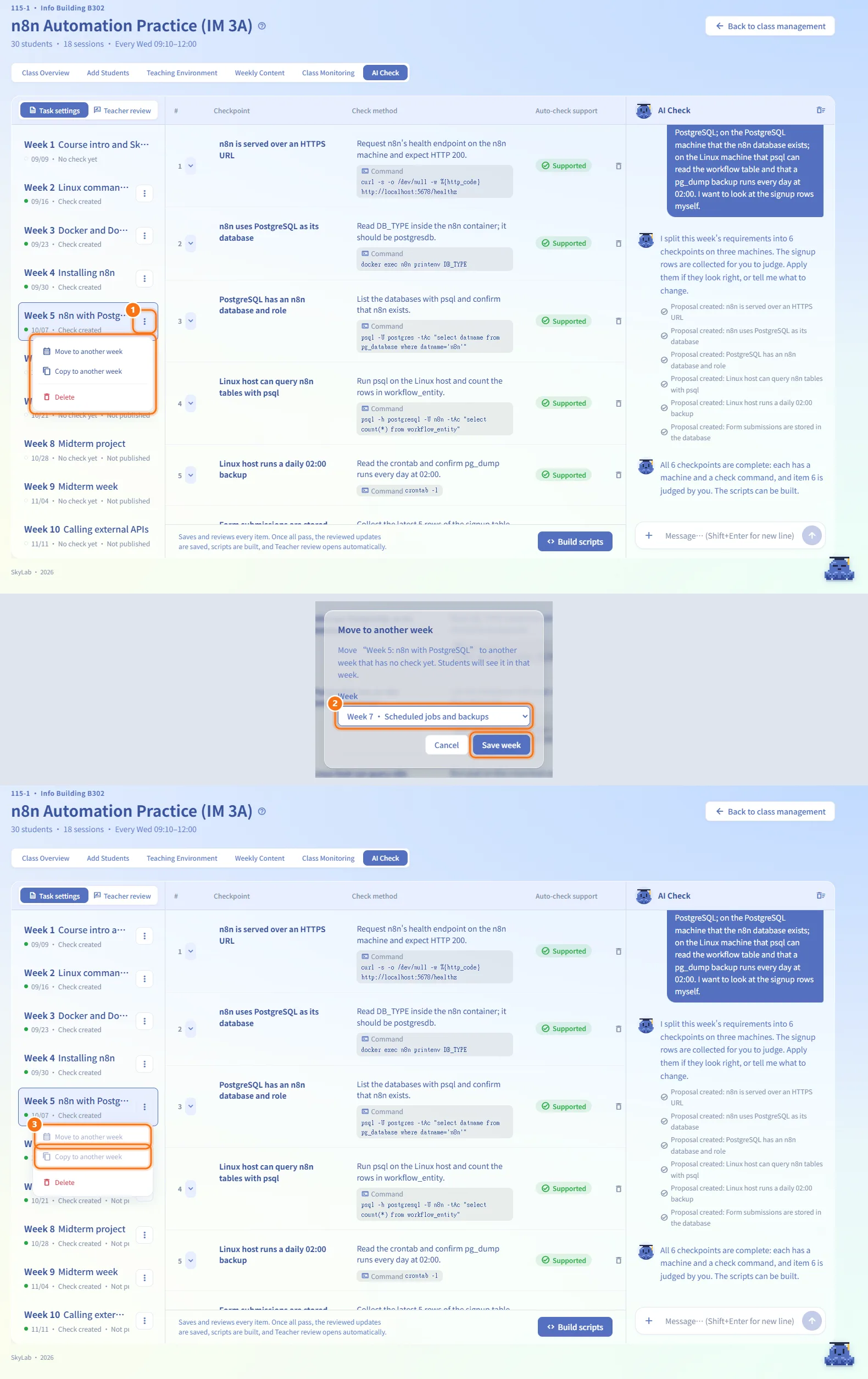 Move, copy or delete a week's check (numbers match the steps above)
