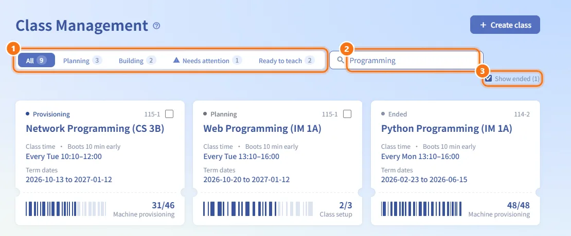 Filter and search (numbers match the steps above)