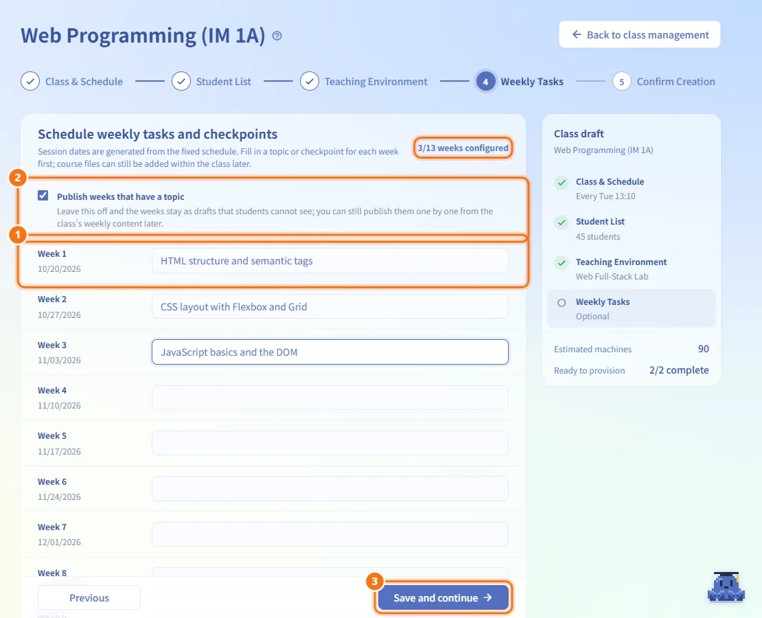 Step 4: Weekly tasks (numbers match the steps above)