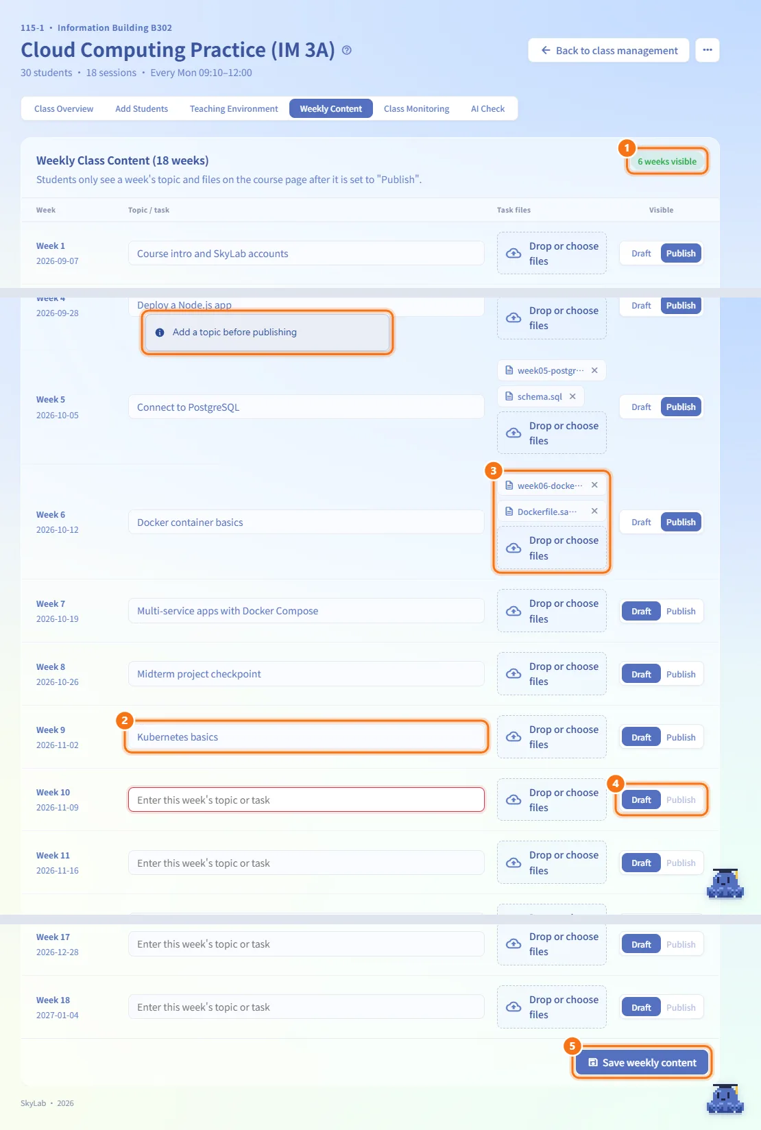 Edit weekly content (numbers match the steps above)