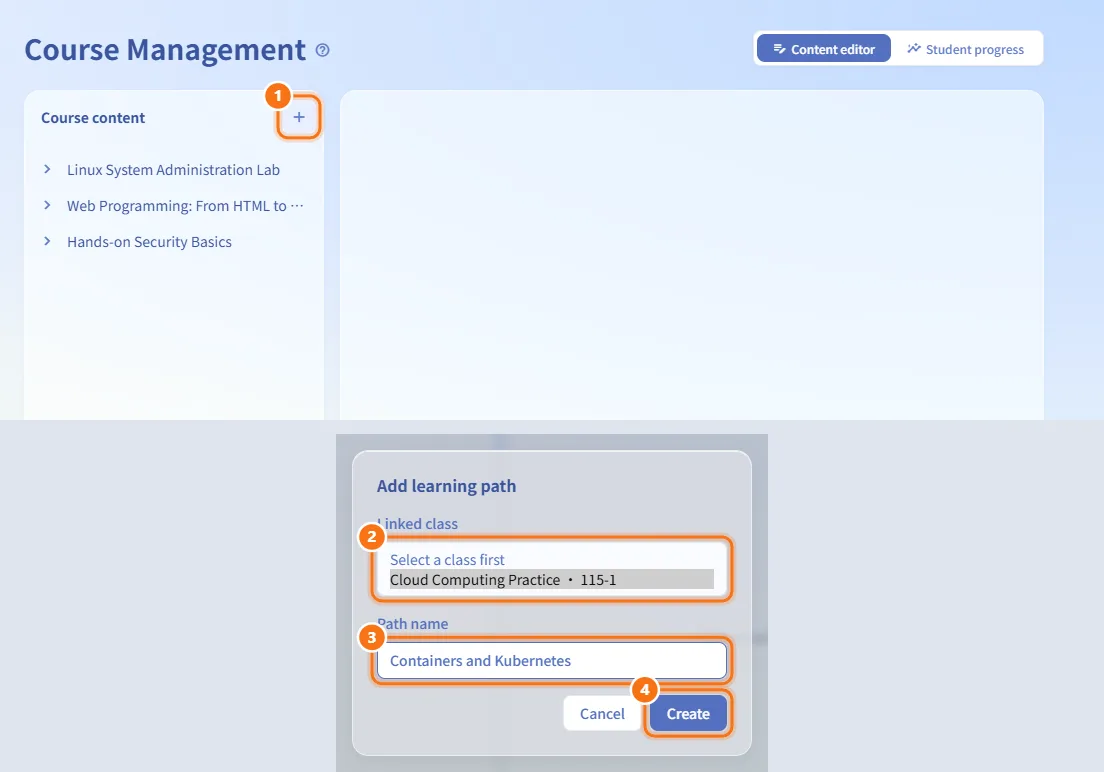 Add a learning path (numbers match the steps above)