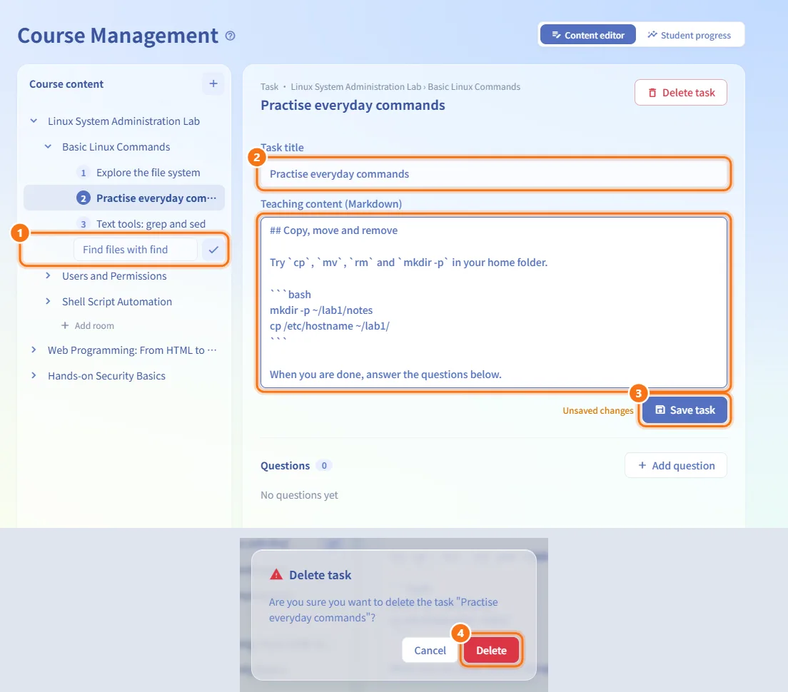 Add and edit tasks (numbers match the steps above)