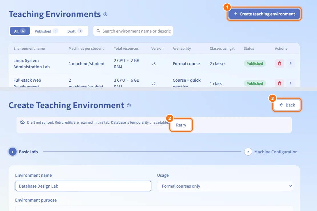 Create an environment (numbers match the steps above)