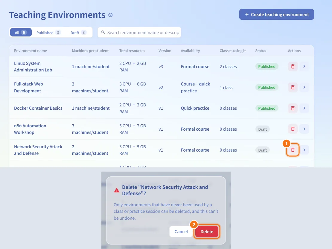 Delete an environment (numbers match the steps above)