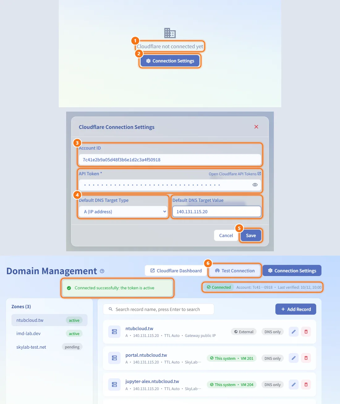 Connect Cloudflare (numbers match the steps above)