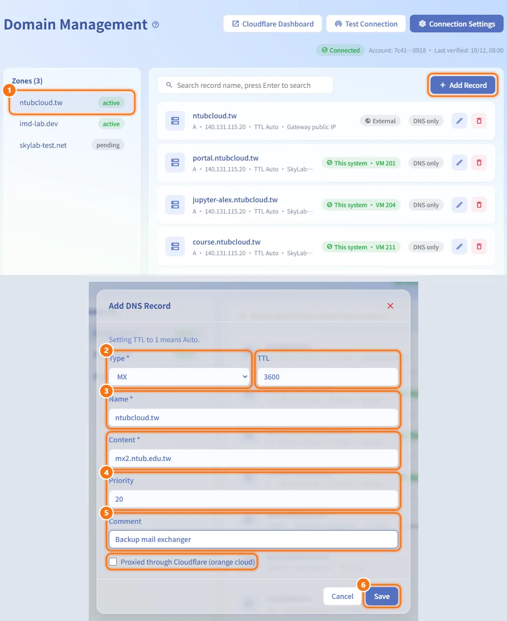 Add a DNS record (numbers match the steps above)