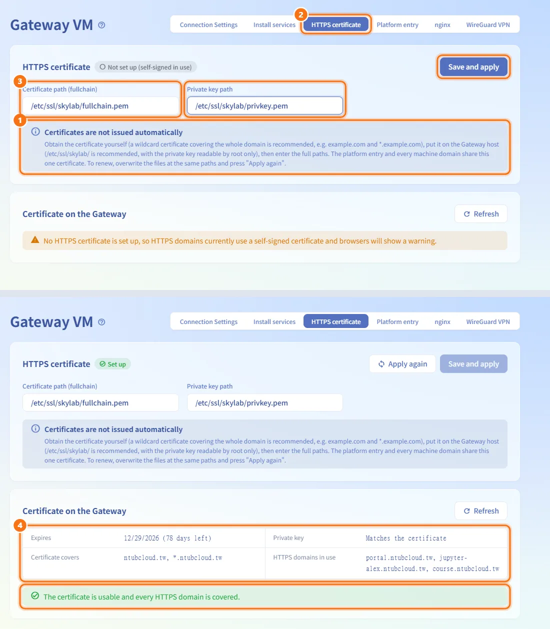 Set up the HTTPS certificate (numbers match the steps above)