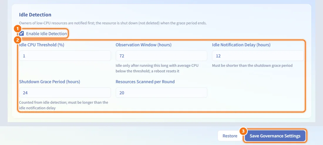 Shut down idle machines automatically (numbers match the steps above)
