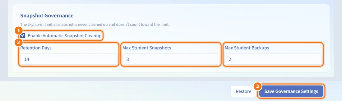 Configure snapshot governance (numbers match the steps above)
