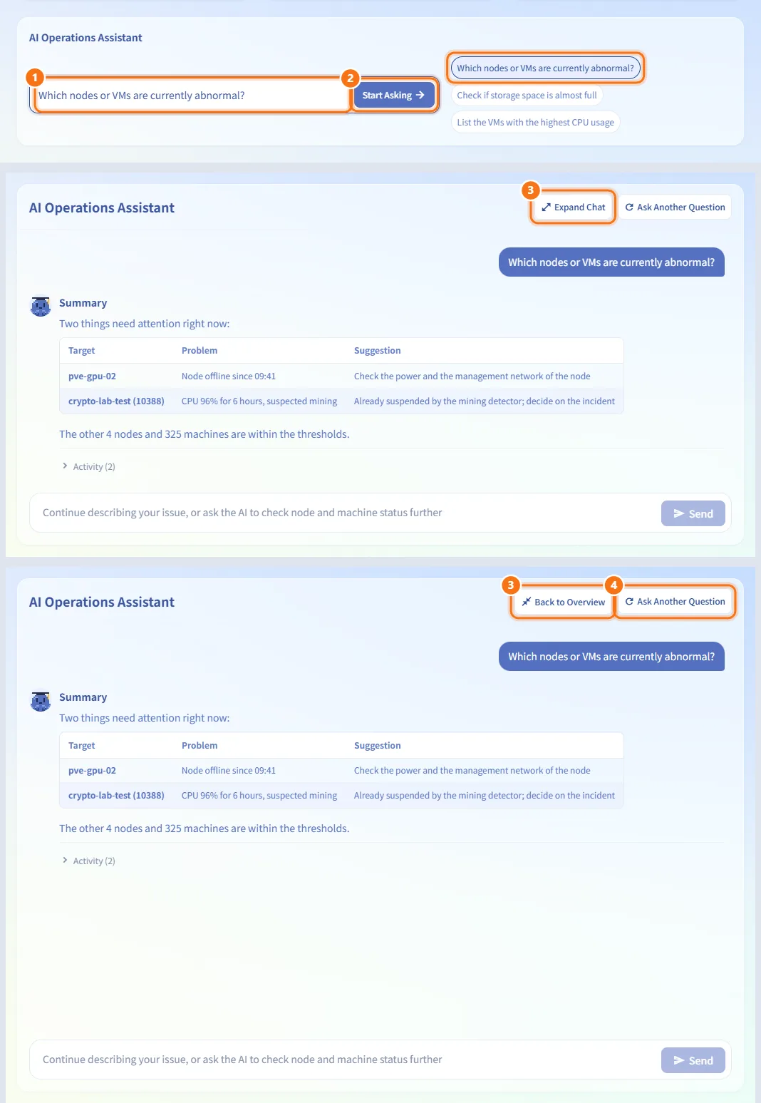 Ask the AI Operations Assistant (numbers match the steps above)