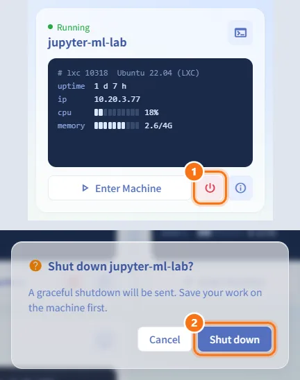 Shut down a machine (numbers match the steps above)