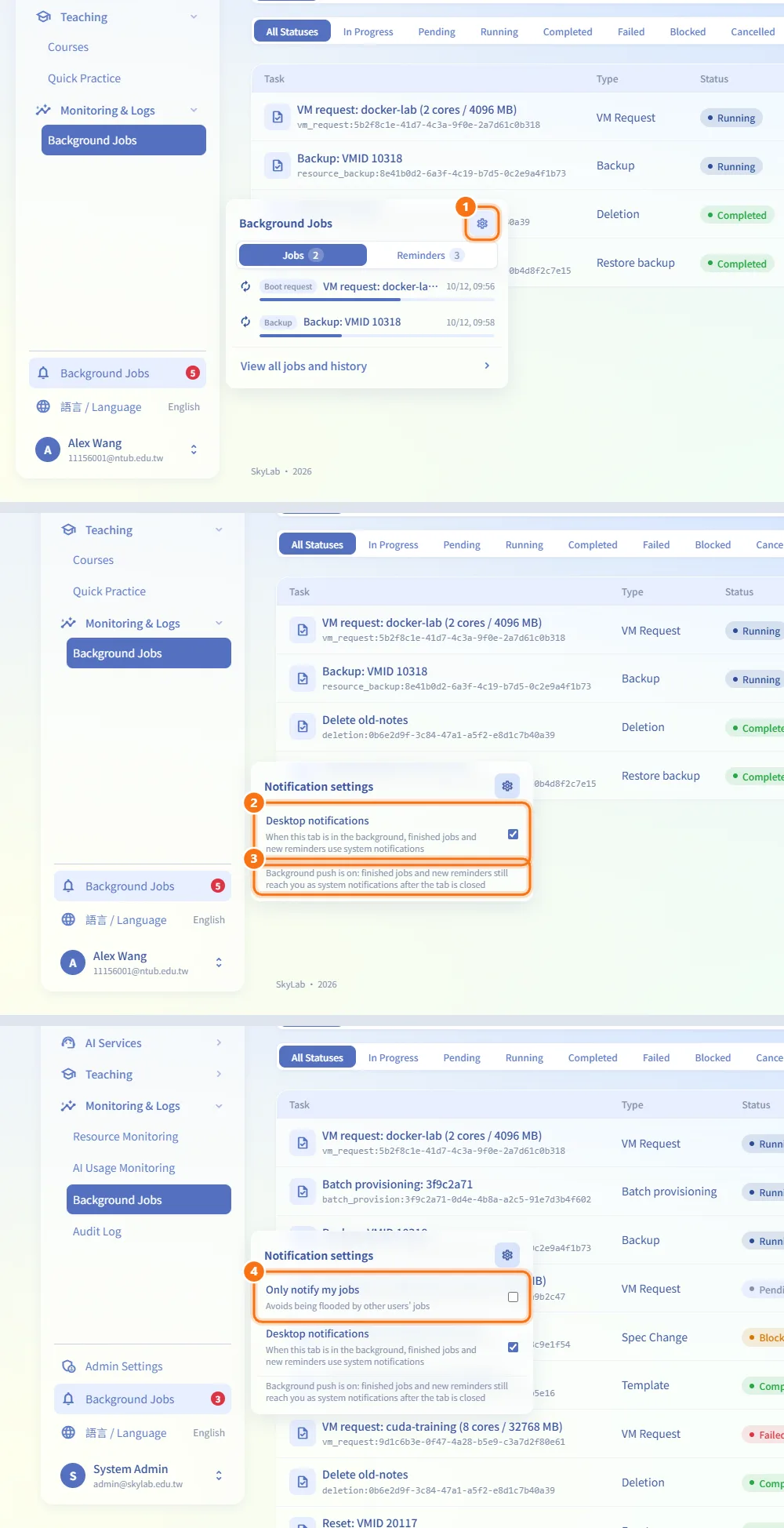 Turn on desktop notifications (numbers match the steps above)