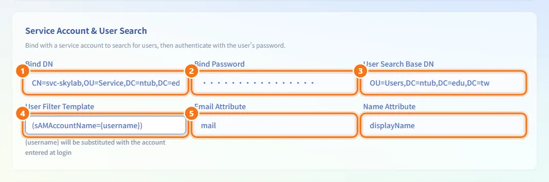 Set the service account and user search (numbers match the steps above)