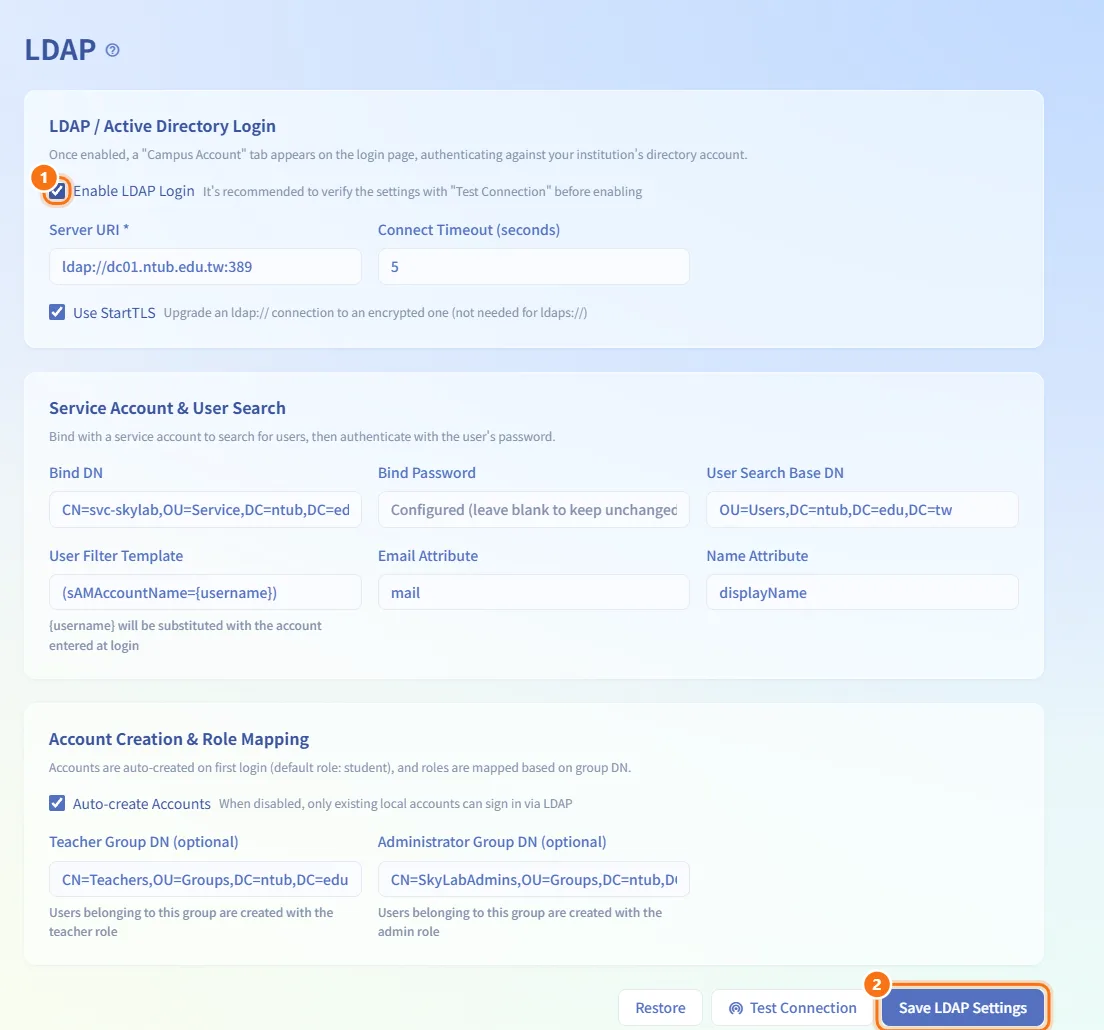 Enable LDAP sign-in (numbers match the steps above)