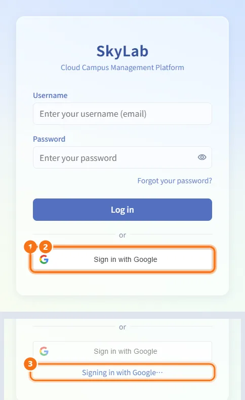 Sign in with Google (numbers match the steps above)