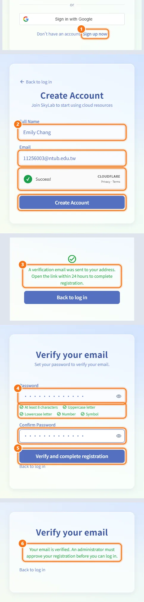 Register a new account (numbers match the steps above)