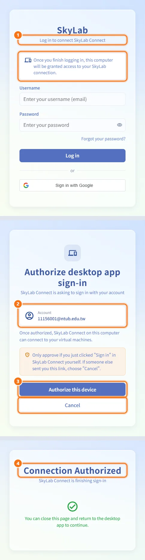 Authorize the SkyLab Connect desktop app (numbers match the steps above)