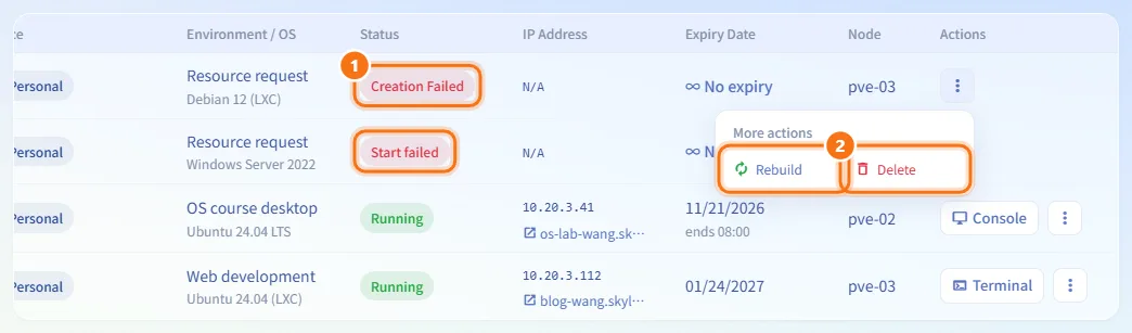 Retry or remove a machine that failed (numbers match the steps above)