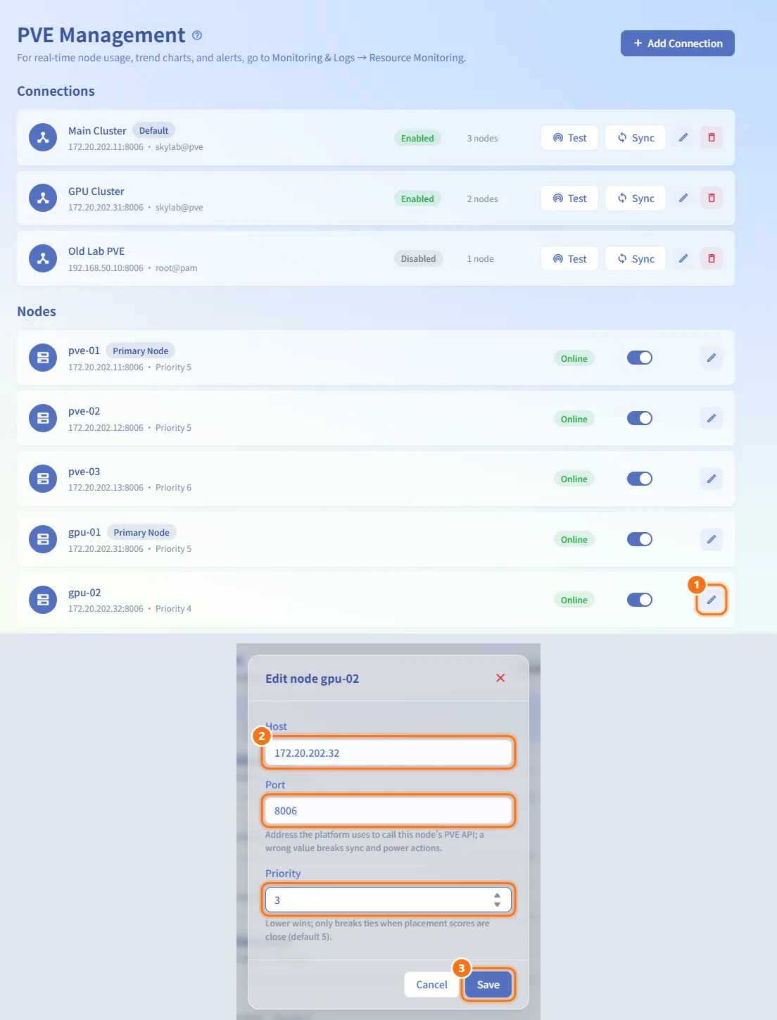 Edit a node's address and priority (numbers match the steps above)