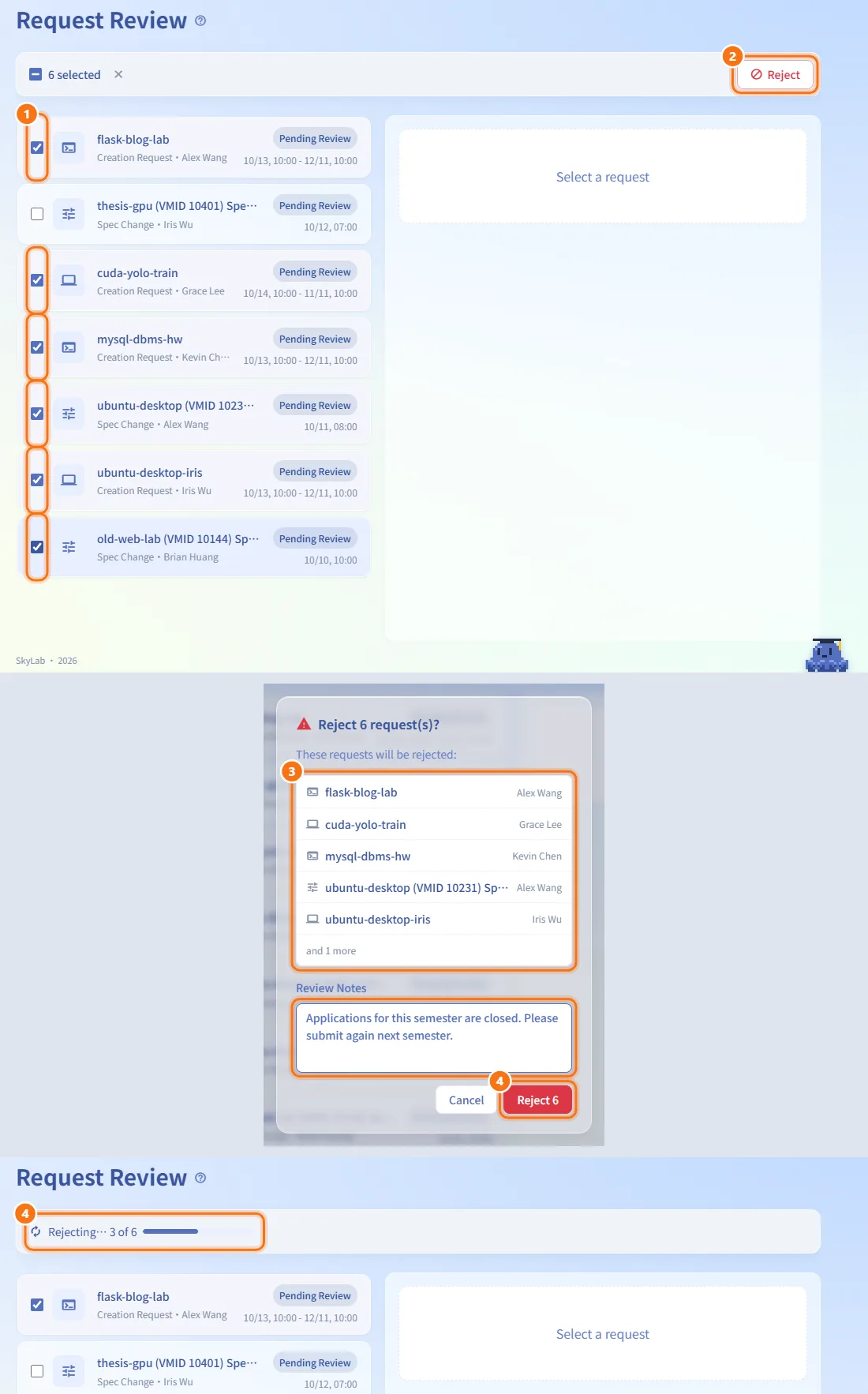 Reject several requests at once (numbers match the steps above)