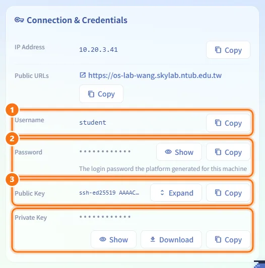 Find the login username and password (numbers match the steps above)