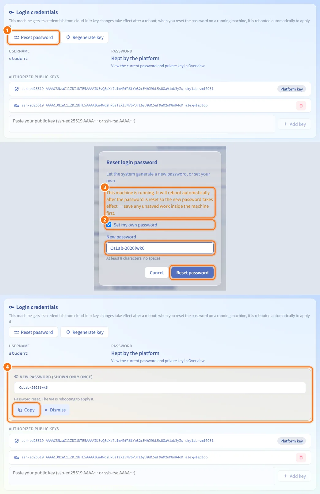 Reset the login password (numbers match the steps above)