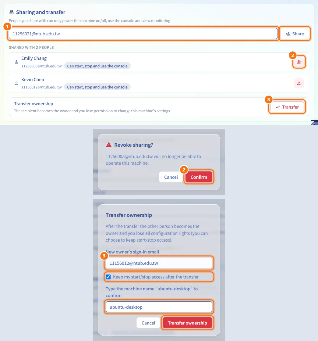 Share the machine or transfer ownership (numbers match the steps above)