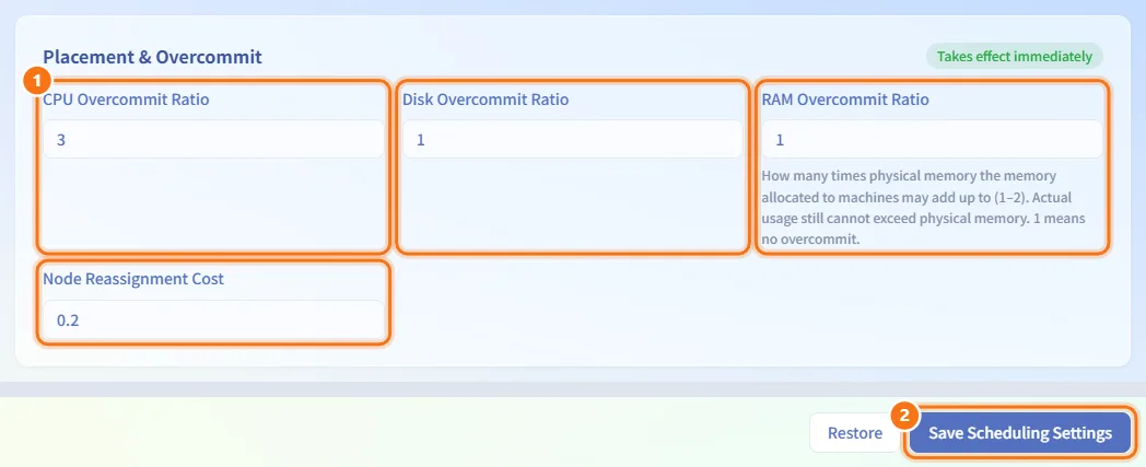 Change placement and overcommit (numbers match the steps above)