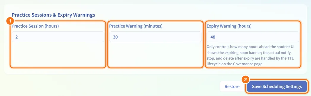 Set practice sessions and expiry warnings (numbers match the steps above)