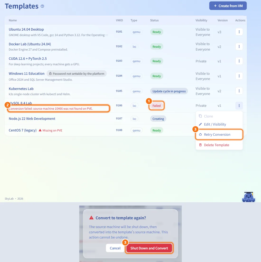 Retry a failed conversion (numbers match the steps above)