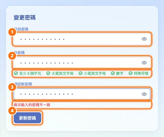 變更密碼(圖中編號對應上方步驟)