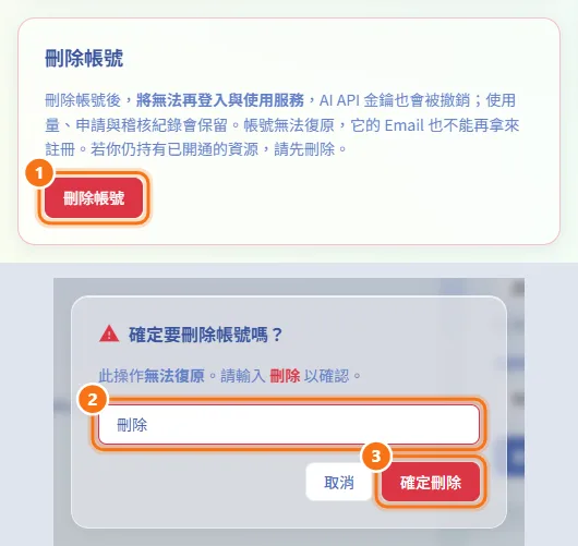 刪除帳號(圖中編號對應上方步驟)
