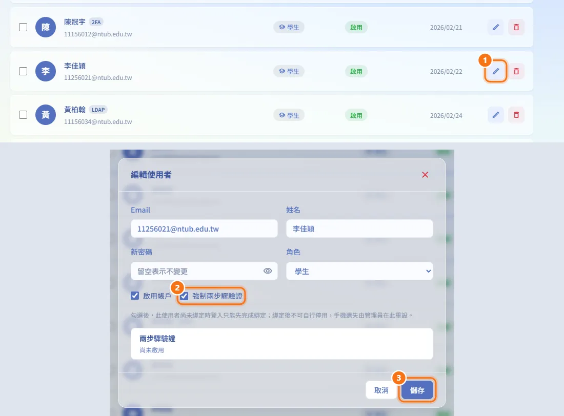 要求某個帳號使用兩步驟驗證（圖中編號對應上方步驟）