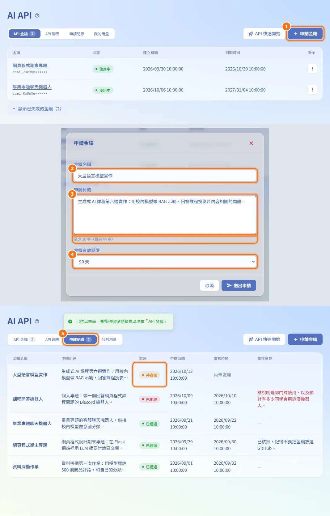 申請金鑰(圖中編號對應上方步驟)