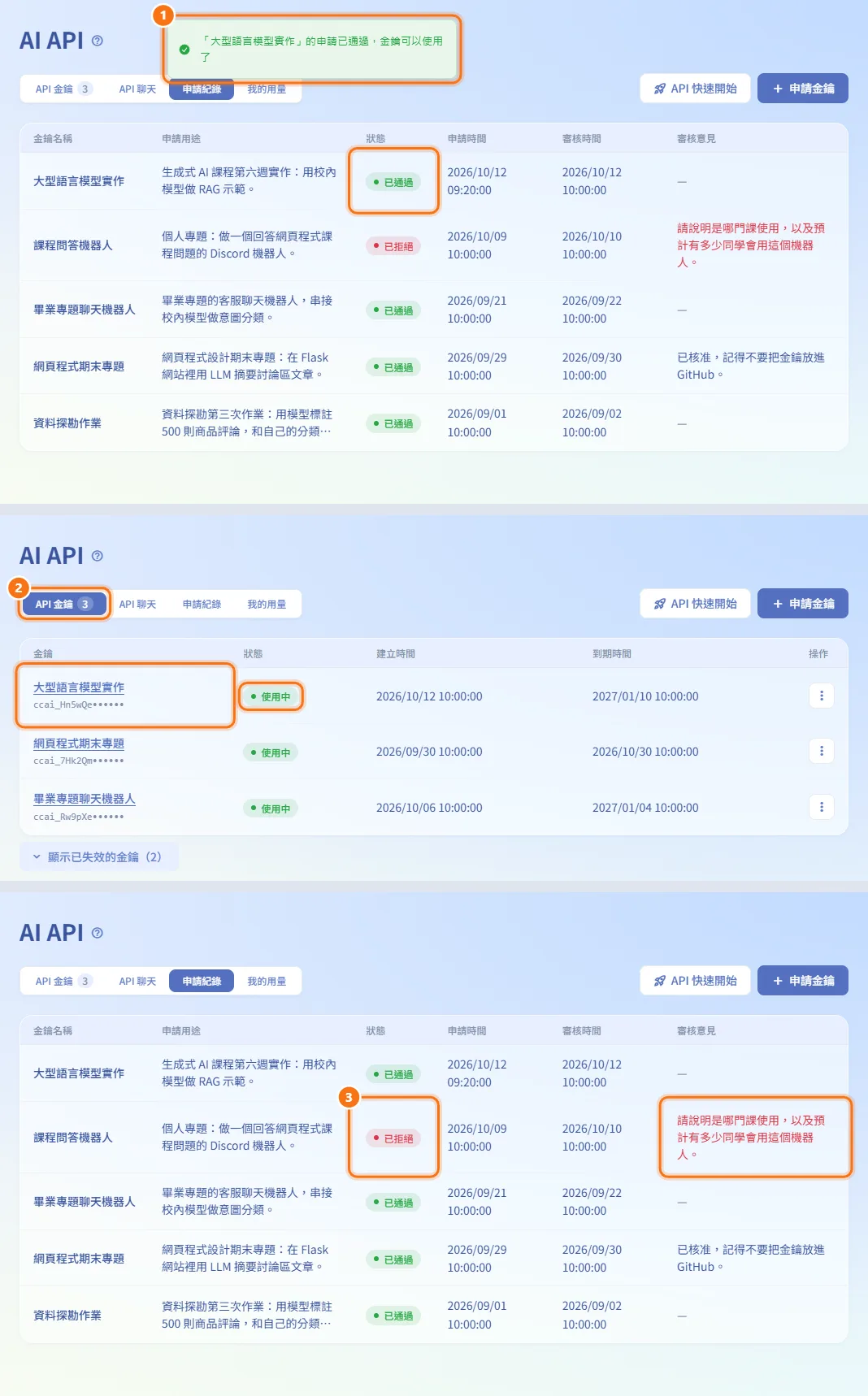等待審核(圖中編號對應上方步驟)