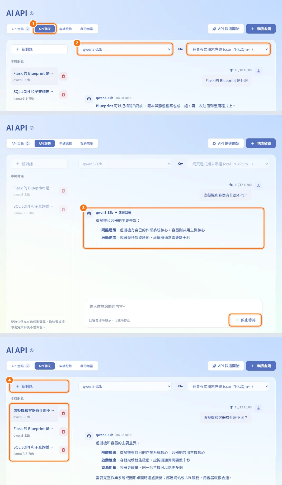 在瀏覽器裡和模型對話(圖中編號對應上方步驟)