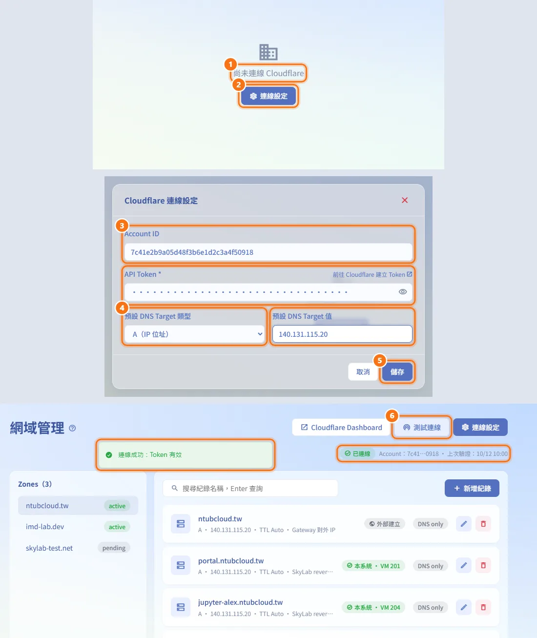 連上 Cloudflare(圖中編號對應上方步驟)