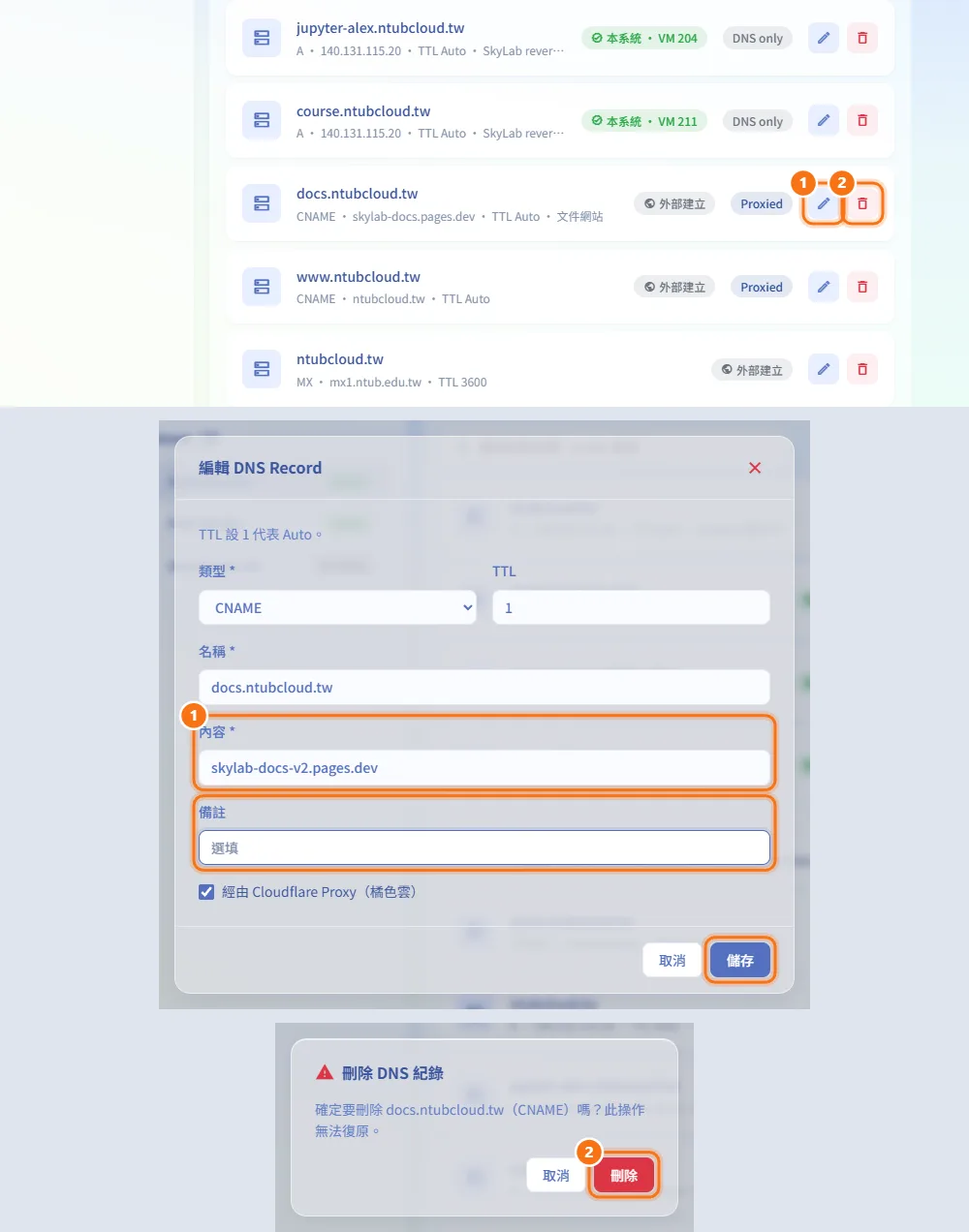 編輯或刪除 DNS 紀錄(圖中編號對應上方步驟)