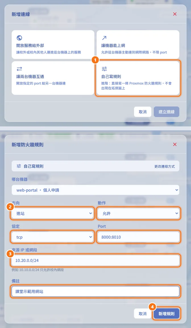 自己寫一條防火牆規則（圖中編號對應上方步驟）