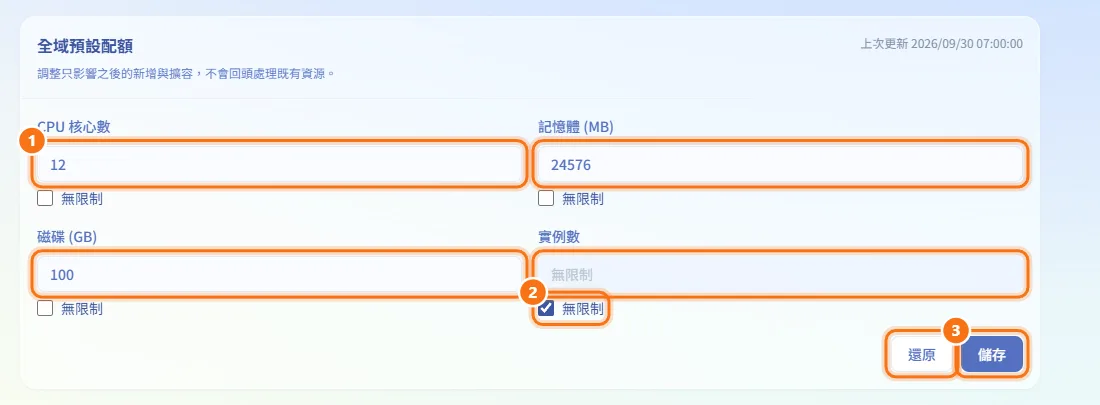 修改全域預設配額（圖中編號對應上方步驟）